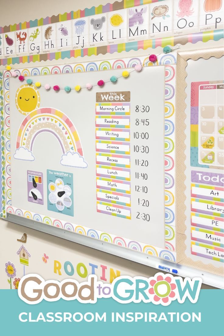 Classroom decorations featuring a class schedule, weather display and alphabet line. Preschool Displays, Teaching Classroom Decor, Daycare Classroom, Encouraging Messages, Weather Display, Daycare Design, Hallway Displays, Classroom Schedule, Classroom Decor Themes