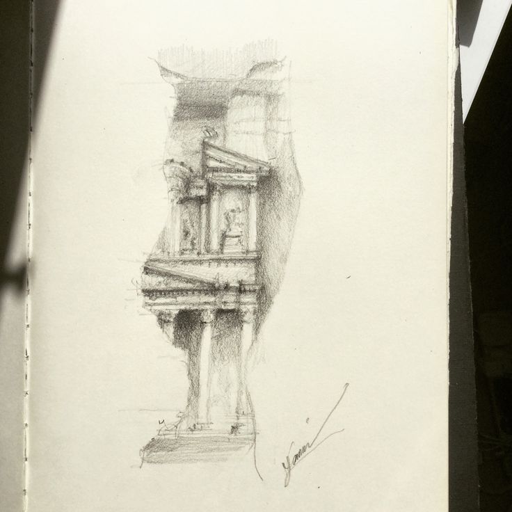 a pencil drawing of a building with columns