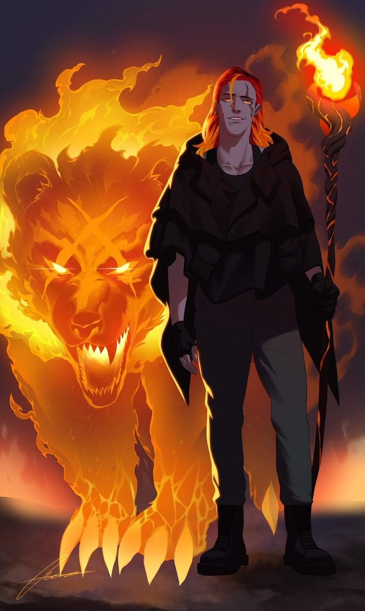 a man standing in front of a fire demon