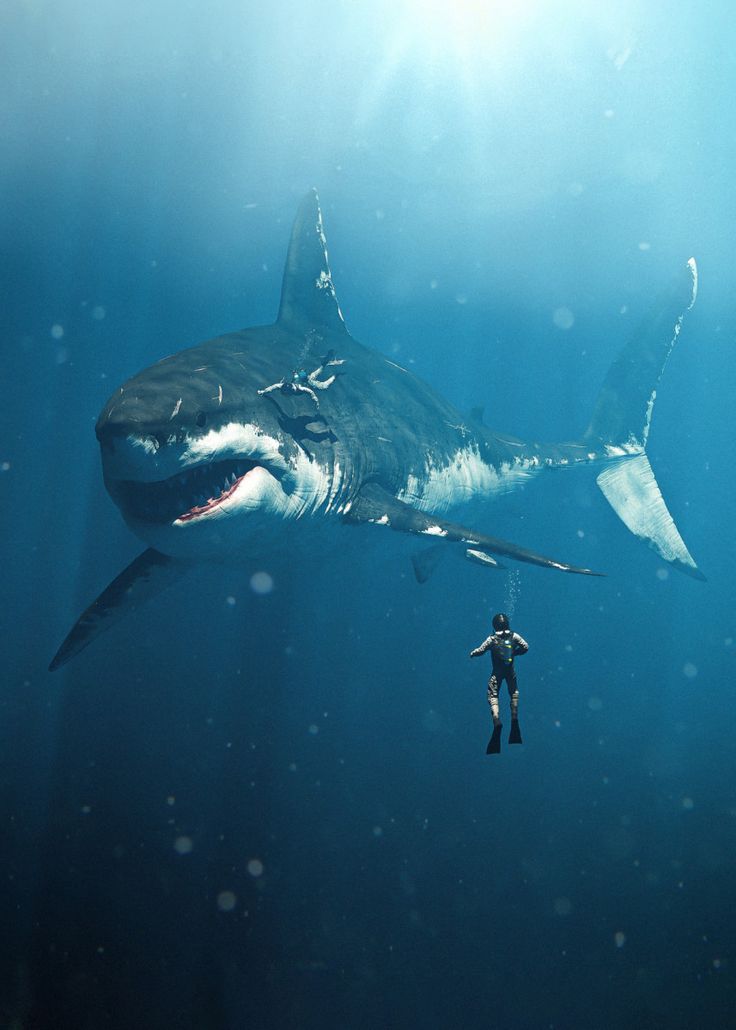 a man is swimming with a shark in the ocean