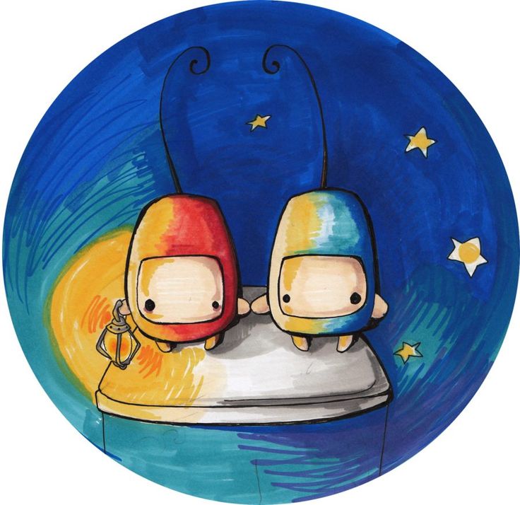 two cartoon characters are sitting on top of a small object in the sky with stars