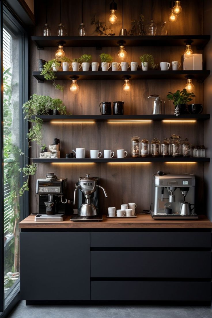 coffee bar ideas coffee aesthetic 
kitchen interior modern design house design home interior design Espresso Decor Ideas, Restaurant Coffee Station, Coffee Bar Chalkboard Wall, Ikea Breakroom, Waiting Room Drink Station, Coffee Corner Ideas In Living Room, Coffee Station Decor Ideas, Office Drink Station, Kitchen Coffee Bar Station