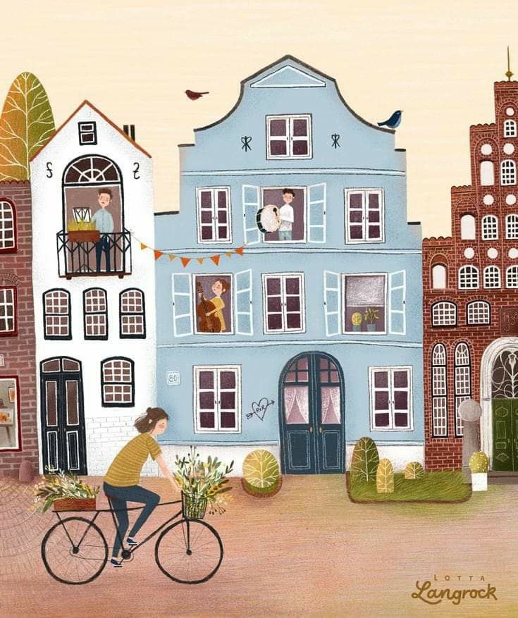 a painting of a person riding a bike in front of a blue building with people on it