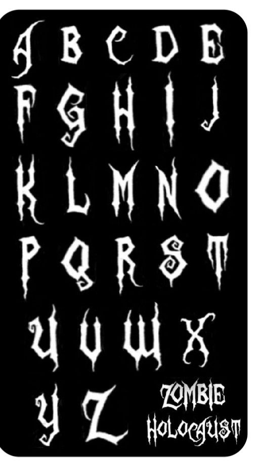 some type of gothic font with white ink on black and white letters, all in the same