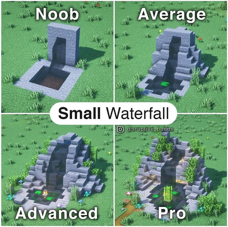 four different images of small waterfalls in the middle of grass and rocks, with text that reads nob average