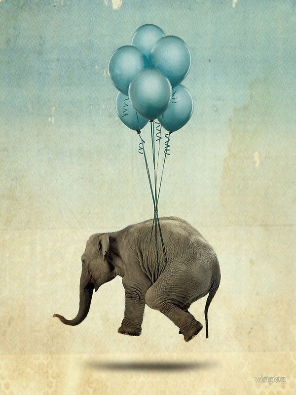 an elephant with blue balloons floating in the air above it's head, on a grungy background