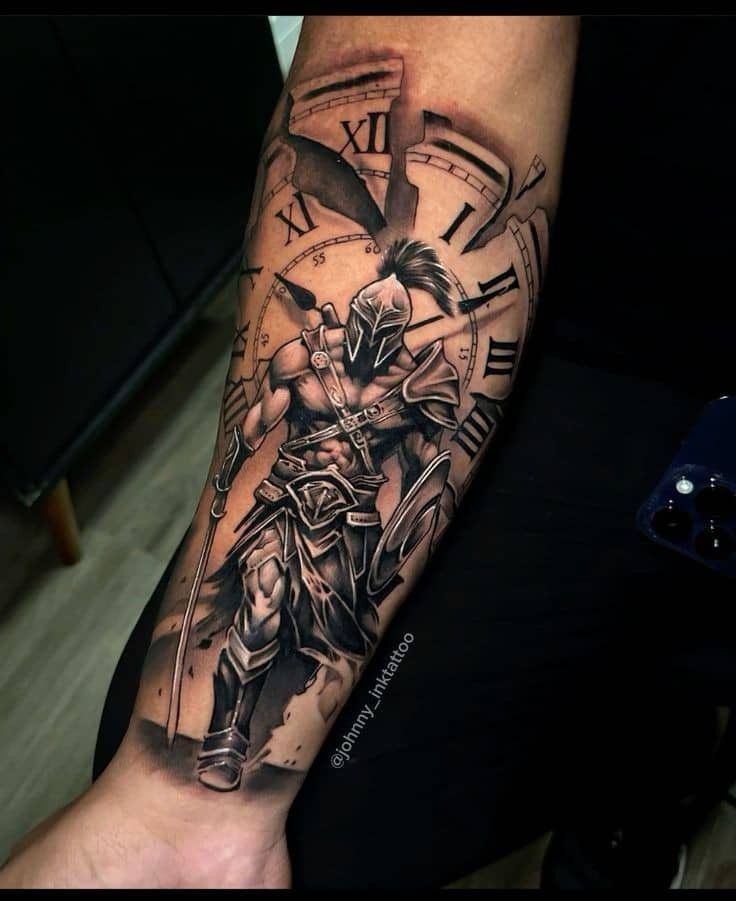 a man's arm with a clock and knight tattoo on it