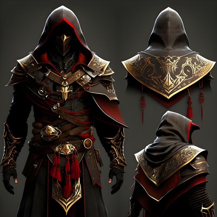 an image of a hooded suit with hoods and armor in different angles, including the headdress