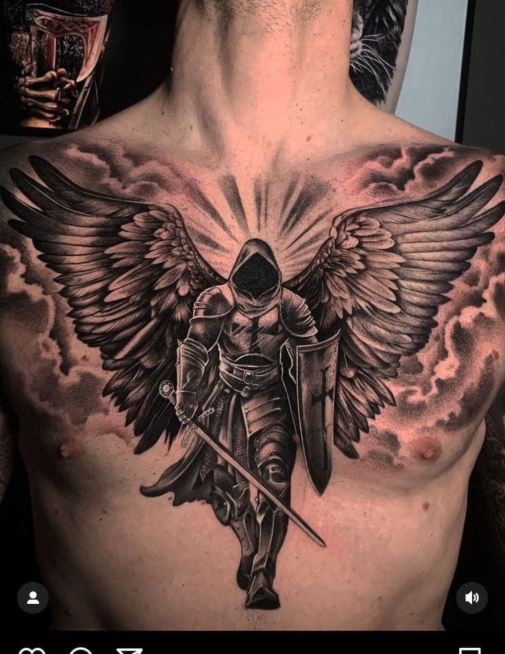 Tattoo On The Chest For Men, Tattoo For Chest Men, Men S Tattoo Chest, Angel Chest Tattoo Men, Men Cross Tattoos, Chest Tattoo Men Ideas Unique, Angel Tattoo Back, Men’s Chest Tattoos, Chest Tattoo Man