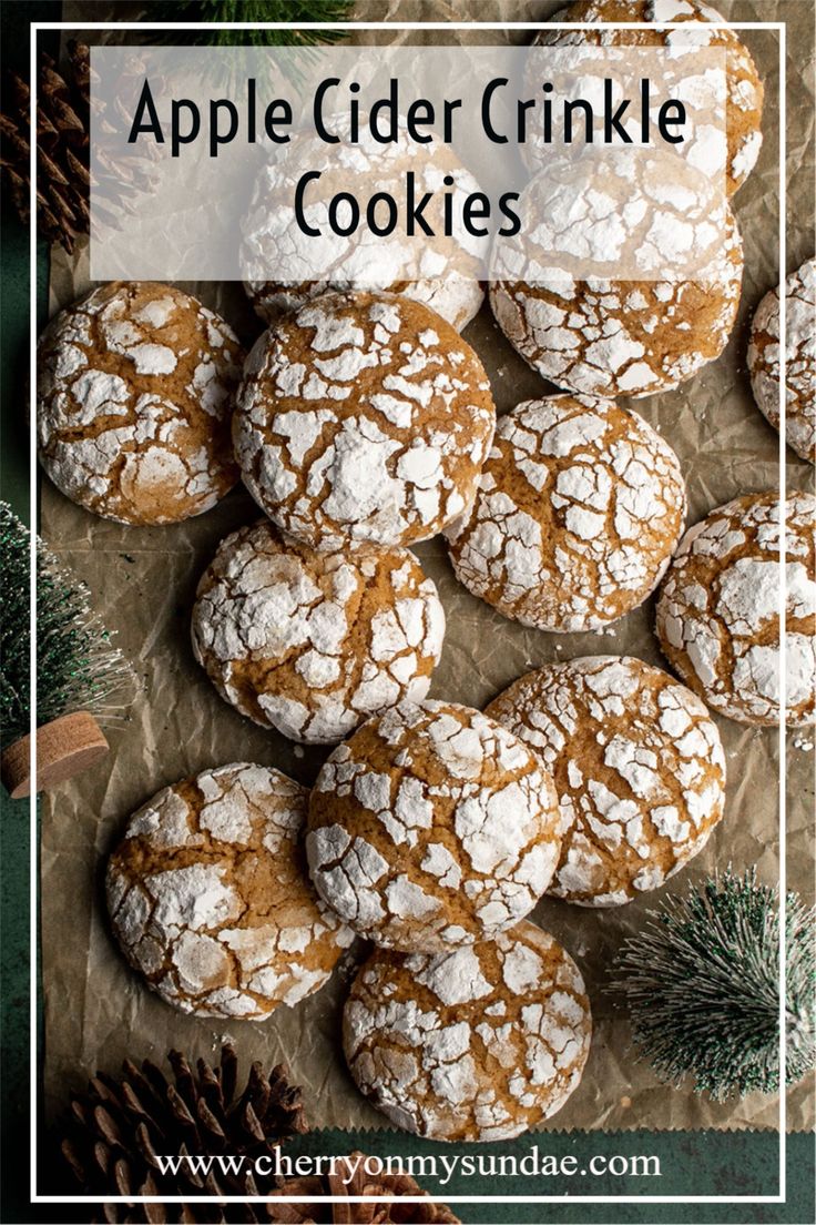 apple cider crinkle cookies with pine cones in the background