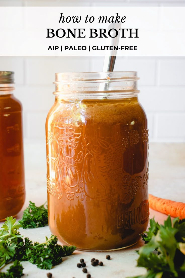 two mason jars filled with homemade bone broth