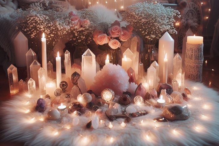 candles and crystals are arranged on a fur rug