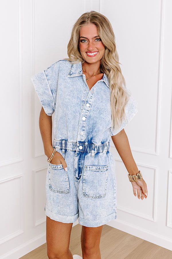 - It doesn't get trendier than this unique romper! - Unlined, non-stretch denim with subtle faded detail - A collared neckline - A button down bodice - Short sleeves with wide cuffs - An elastic banded waistline with belt loops and hidden zip fly - Functional low front pockets as well as optional back pockets - A relaxed yet flattering silhouette that ends in upper-thigh length rolled hemlines Measurements S : Bust 38", Front Rise 14.5", Hip 38", Inseam 3", Length 31.5", Sleeve Length 10", Waist Denim Romper, Wide Cuff, Women Clothing Boutique, Hip Length, Online Womens Clothing, Boutique Clothing, Stretch Denim, Bodice, Rompers