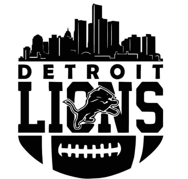 detroit lions football logo with the city skyline in the backgroud and words detroit lions on it