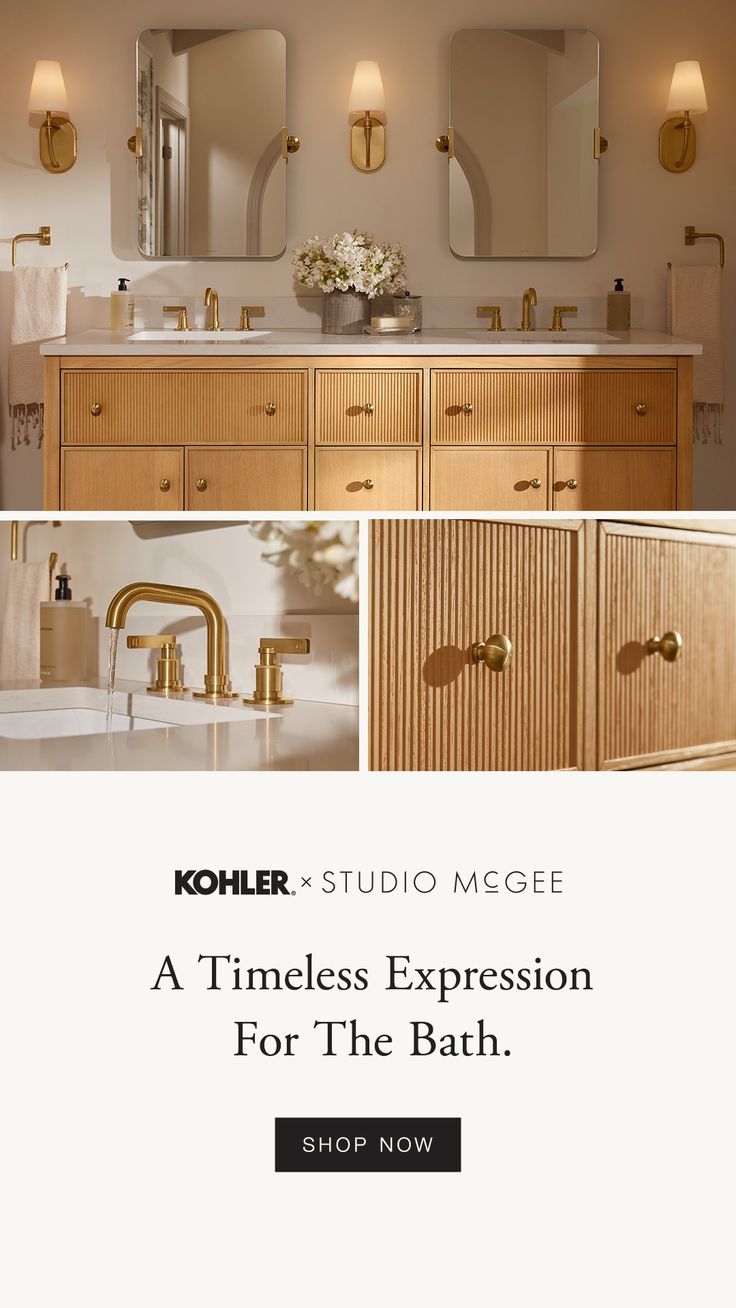 an advertisement for kohle's studio megage, featuring gold fixtures and mirrors