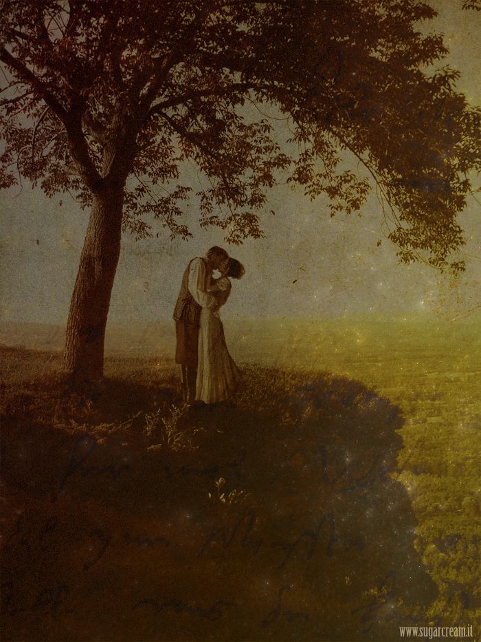 a painting of a man and woman kissing under a tree in a field by the water