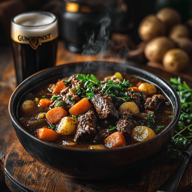 a bowl of beef stew with carrots, potatoes and parsley next to a glass of beer