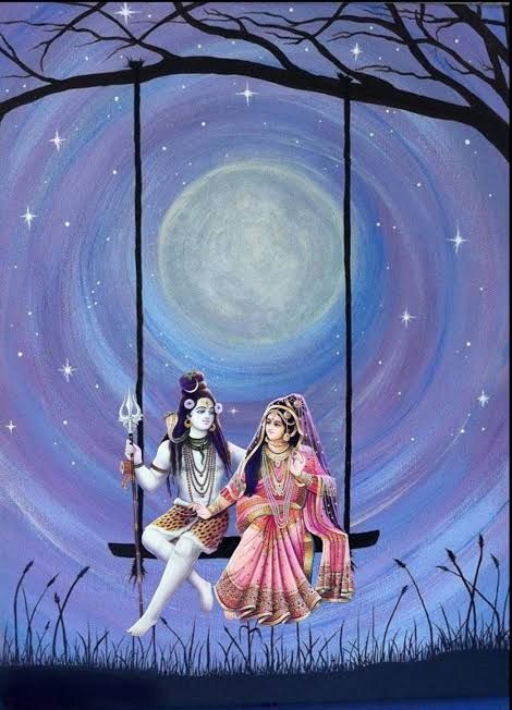 two women sitting on swings in front of a full moon and stars sky painting