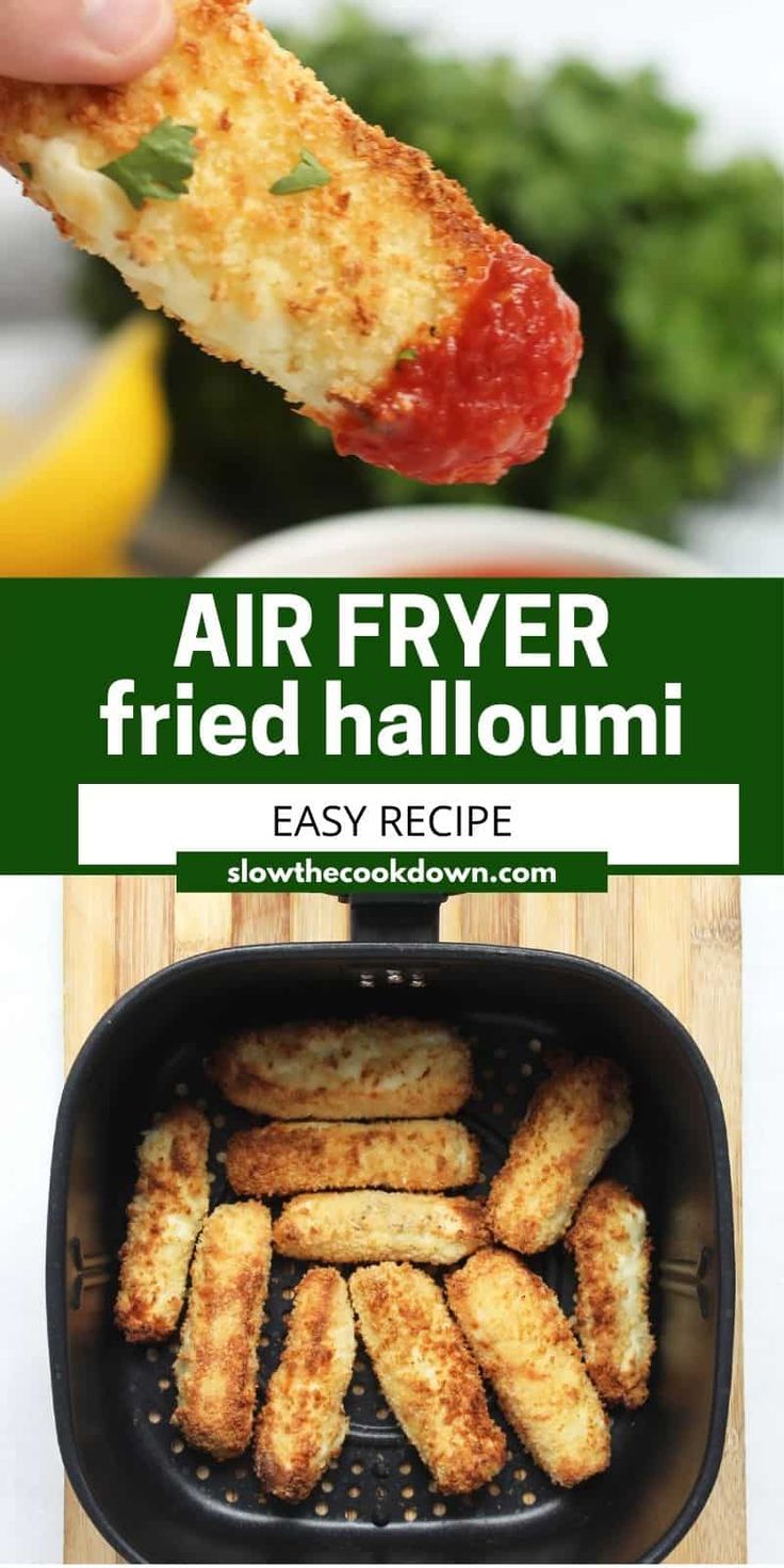 air fryer fried halloumi in a skillet with the title above it