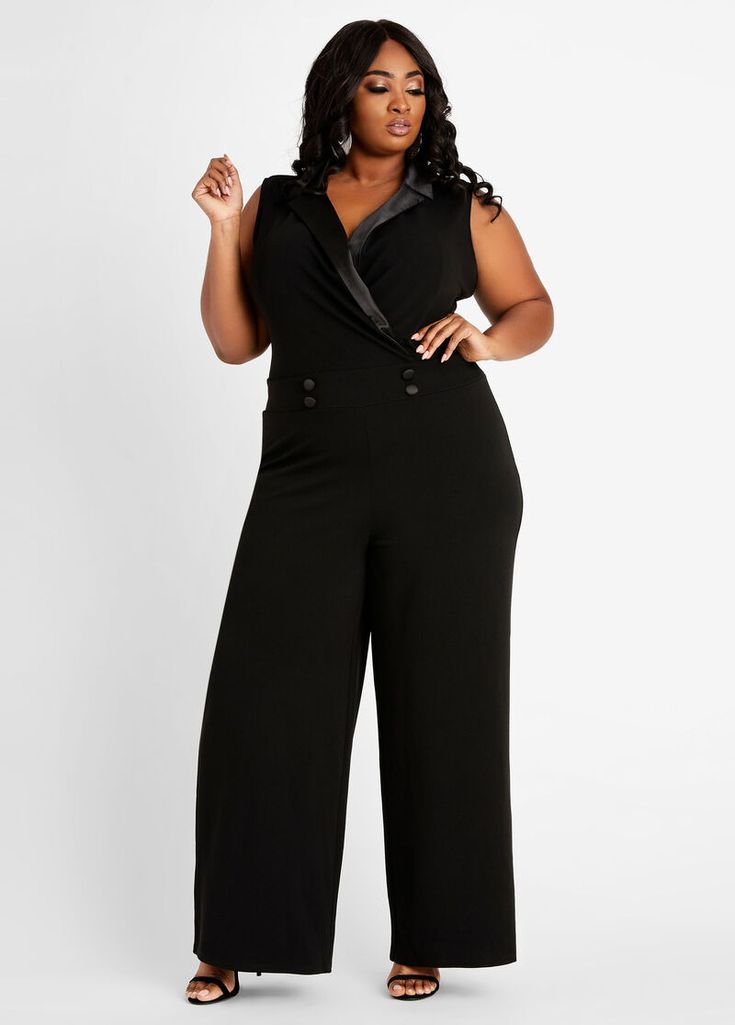 Tuxedo Wide Leg Keyhole JumpsuitKnit tuxedo wide-leg jumpsuit with satin trim throughout, shawl lapels, button details at waist, keyhole at back featuring hook at nape and concealed zip closure at center back. Model shown is 5'9'' wearing a plus size 18/20. Inseam 30". Synthetic blend. Machine washable. Formal Solid Color Wide Leg Jumpsuits, Sleek Formal Jumpsuits And Rompers, Formal Jumpsuits And Rompers For Fall, Elegant Wide Leg Jumpsuits And Rompers For Fall, Elegant Wide Leg Jumpsuits For Fall, Plus Size Satin, Party Jumpsuit, Classy Jumpsuit, Plus Size Trendy