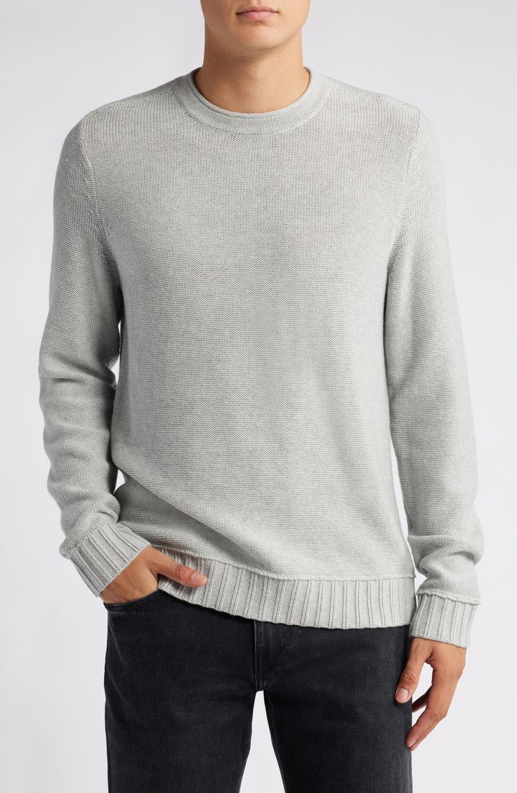 Rolled edges and raised seams relax the vibe of this sweater knit from cotton yarns that give this style a soft satisfying drape. Crewneck Long sleeves with ribbed cuffs 100% cotton Machine wash, dry flat Imported Modern Winter Sweater With Ribbed Neckline, Cotton Sweater With Ribbed Cuffs For Layering, Classic Relaxed Fit Ribbed Sweater, Crew Neck Knit Sweater For Casual Gatherings, Knit Crew Neck Sweater For Casual Gatherings, Winter Knit Sweater For Casual Gatherings, Classic Sweater With Ribbed Neckline For Loungewear, Classic Loungewear Sweater With Ribbed Neckline, Relaxed Fit Turtleneck Sweater With Ribbed Cuffs