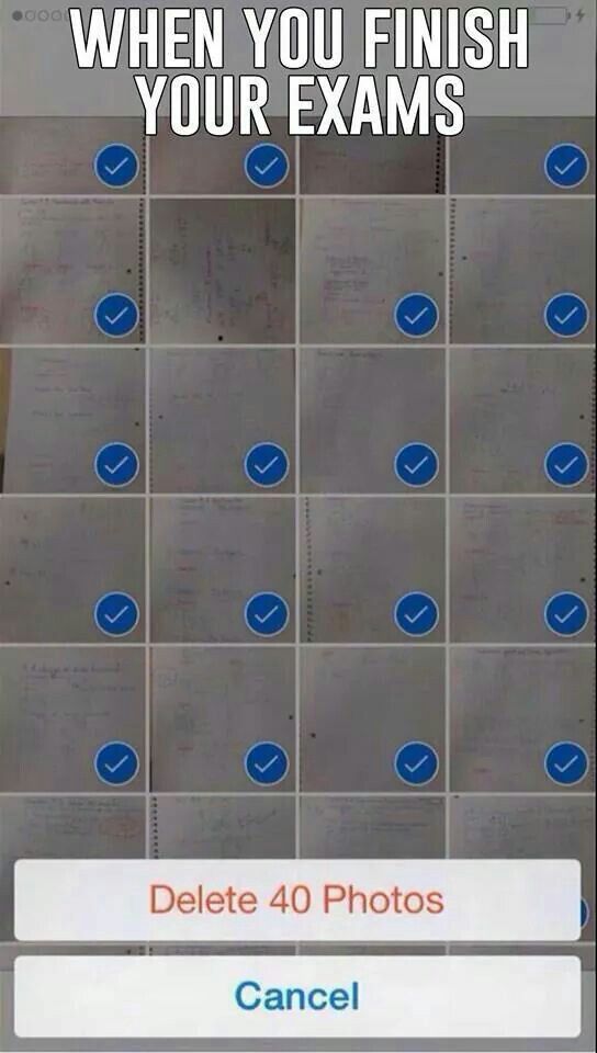 a cell phone screen with the words, when you finish your exam delete 40 photos