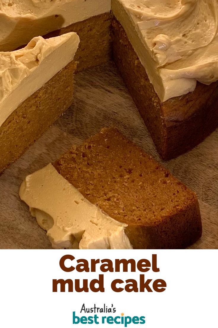 there is a cake with white frosting on it and the words caramel mud cake