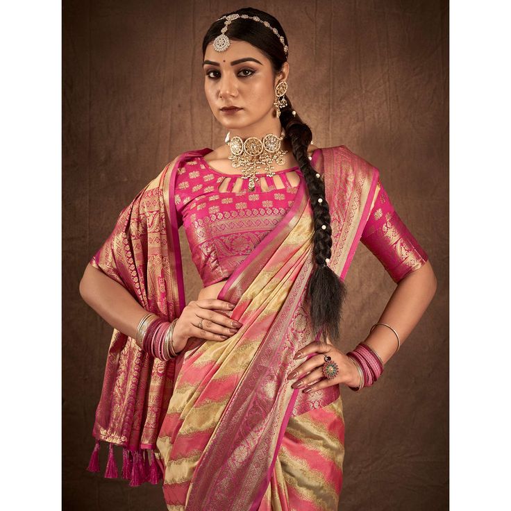 Pink & Chikoo colored saree is prettified with beautiful weaving work as shown which makes it appear classy. This saree is made of art silk fabric which is accompanied with art silk blouse piece which you can customise as per your design/style. Women can buy this saree to wear for their festive and ideal for any fashionista. Note:- The actual product may differ slightly in color and design from the one illustrated in the images when compared with computer or mobile screen. Elegant Multicolor Pre-draped Saree With Zari Weaving, Semi-stitched Pre-draped Saree With Zari Weaving For Navratri, Gold Handloom Dola Silk Pre-draped Saree, Banarasi Silk Pre-draped Saree For Puja And Navratri, Banarasi Silk Pre-draped Saree With Zari Weaving, Elegant Handloom Dola Silk Lehenga, Elegant Multicolor Banarasi Silk Saree, Elegant Multicolor Banarasi Silk Blouse Piece, Elegant Multicolor Saree With Zari Weaving