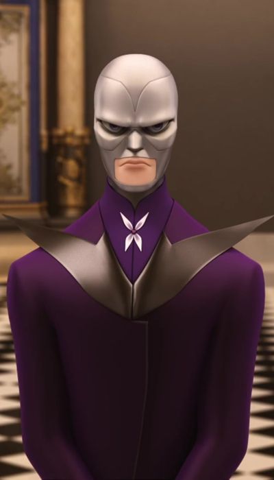 the animated character is dressed in purple and black attire, standing on a checkered floor