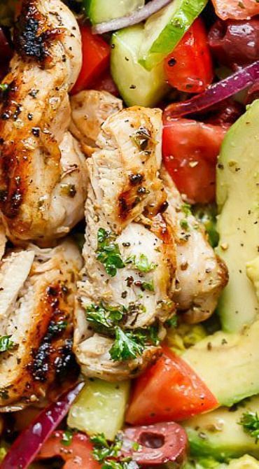 grilled chicken, cucumber and tomato salad with dressing