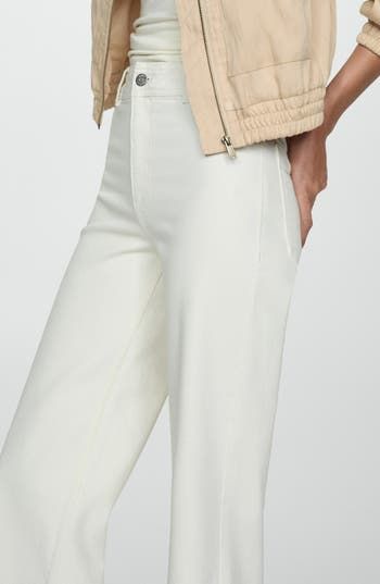 Hit refresh on white-jeans season with a wide-legged pair finished with an unfinished hem. Zip fly with button closure Back patch pockets 99% cotton, 1% elastane Machine wash, line dry Imported Cream Jeans For Workwear, Elegant Cropped Leg Spring Jeans, Elegant Cropped Leg Jeans For Spring, Cream Cropped Leg Jeans For Spring, Spring Straight Leg Neutral Jeans, Chic Cropped Straight Jeans For Fall, Chic Straight Cropped Jeans For Fall, Neutral Casual Jeans For Work, Chic Cropped Jeans For Spring