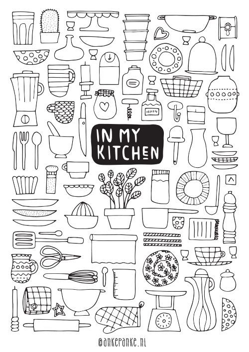 a black and white poster with the words in my kitchen surrounded by doodled objects