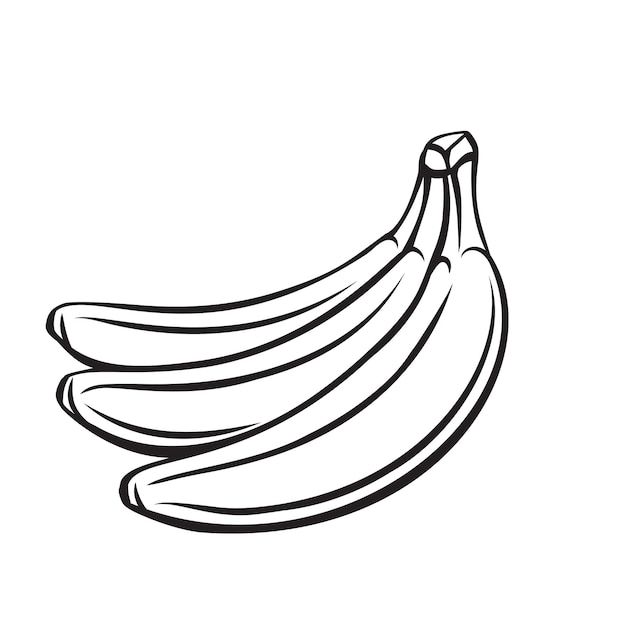 black and white drawing of three bananas on a white background, with one banana in the foreground