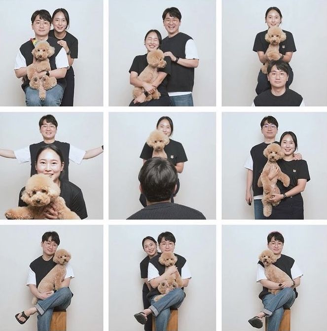 multiple pictures of people holding teddy bears and posing for the camera with their arms around each other