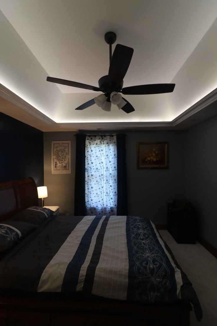 Bedroom with a recessed ceiling that is illuminated by white LED strip lights Bedroom Cove Lighting, Lighting Diy, Led Lighting Diy, Flexible Led Strip Lights, Cove Lighting, Tape Lights, Recessed Ceiling, Led Strip Lights, Led Strip Light