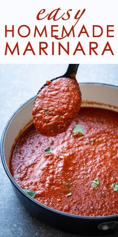 homemade marinara sauce in a skillet with a wooden spoon and text overlay