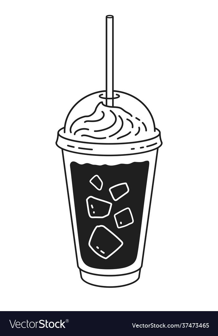 a cold drink with ice cubes and straw in black and white outline on a white background