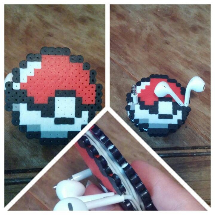 four different pictures of the same object made out of perler beads, including an earbud and headphones