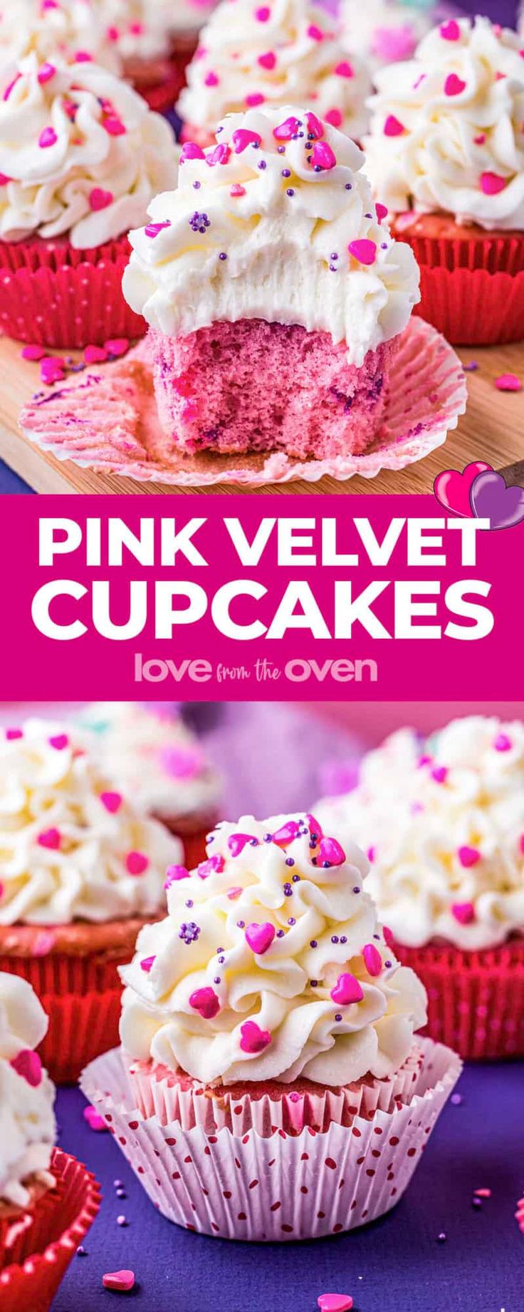 pink velvet cupcakes with white frosting and sprinkles