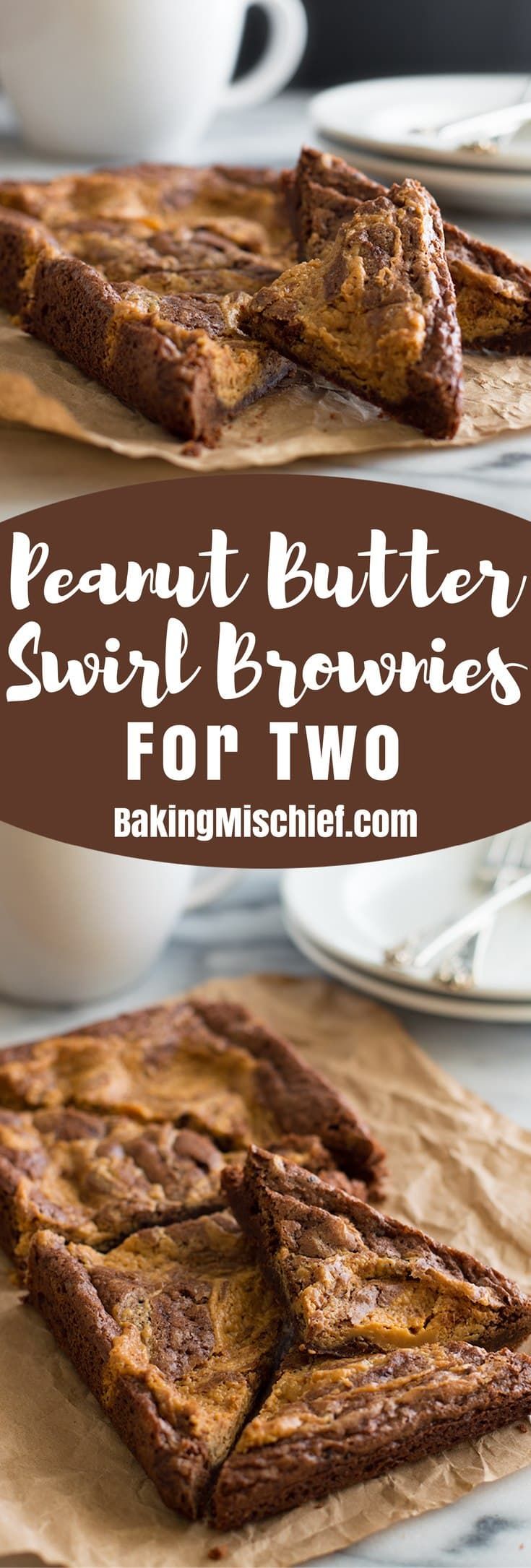 peanut butter swirl brownies for two on top of parchment paper with coffee in the background