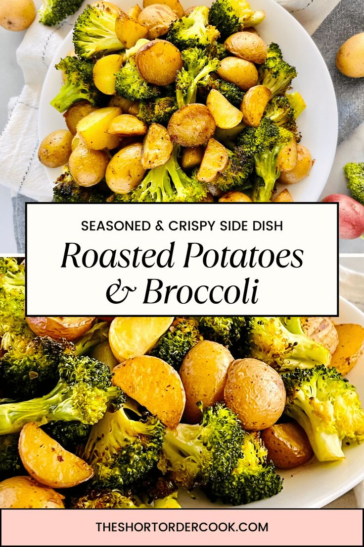 roasted potatoes and broccoli on a white plate