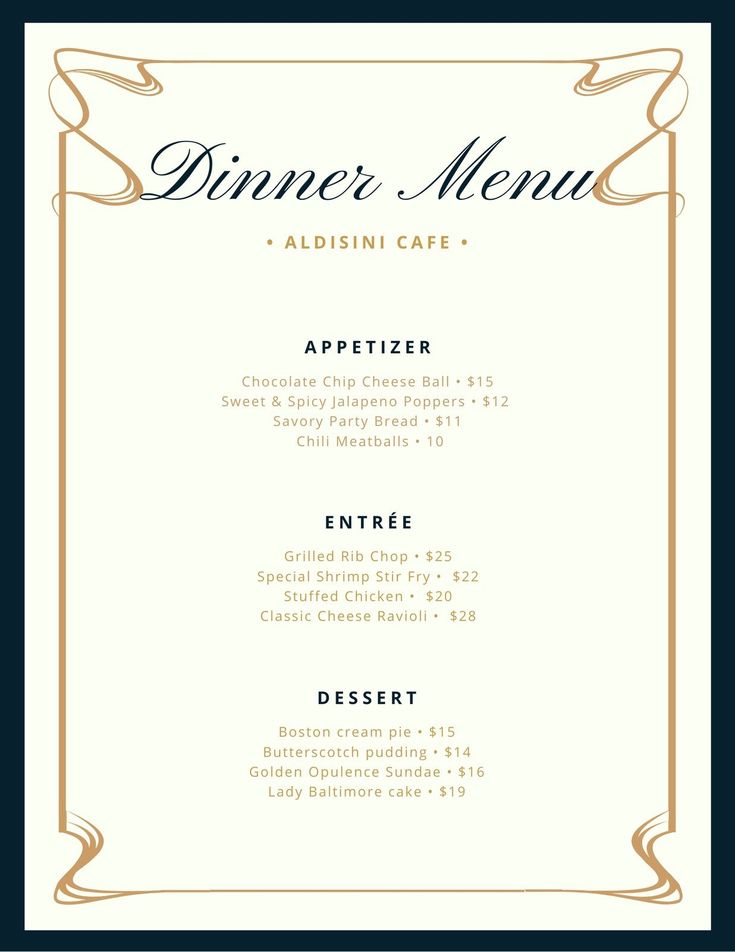 the dinner menu is shown in gold and white with an ornate frame on top of it