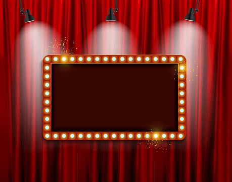 a red curtain with three spotlights and a blank sign on the stage for advertising