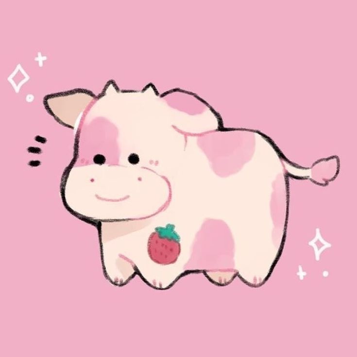 a cartoon cow with a strawberry on it's back, standing in front of a pink background