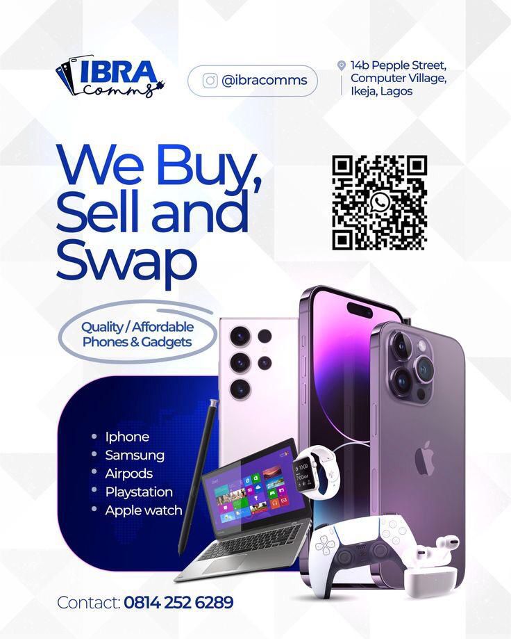 an advertisement for a cell phone store with the text, we buy sell and swap