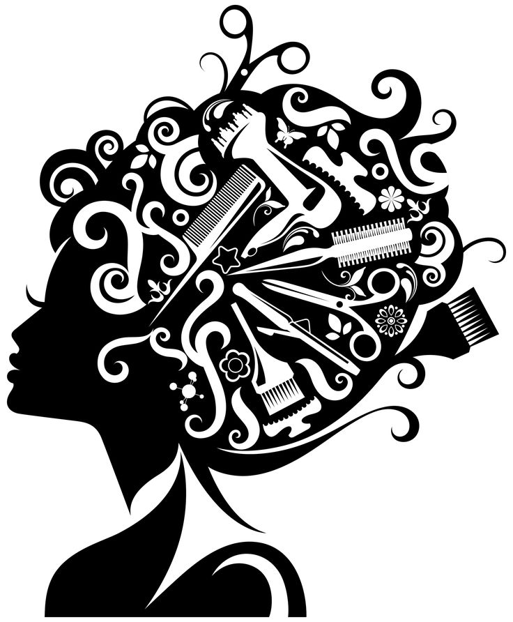 the silhouette of a woman's head with scissors and combs in her hair