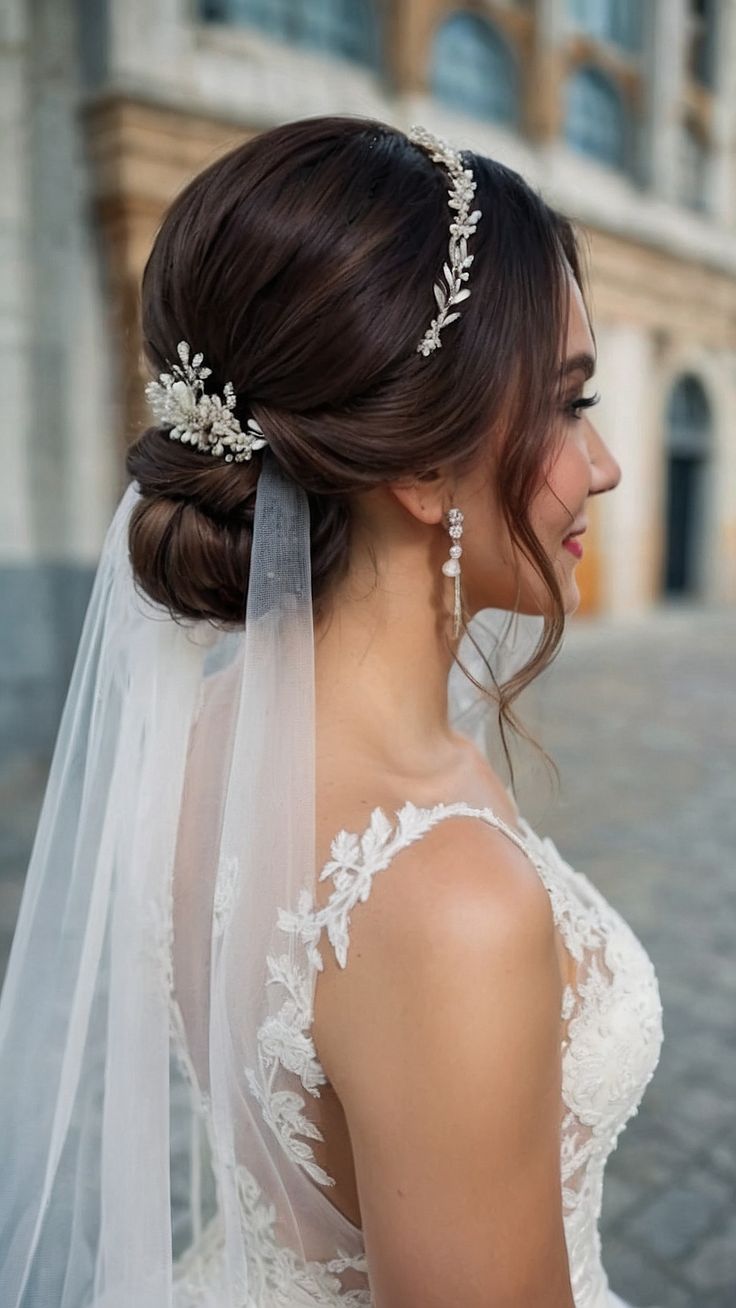 Discover a stunning collection of wedding hairstyles with veil ideas including a variety of options like Vintage Updo Tiara Crown Bun Korean Curly Simple Ponytail Bob Long and Short styles Whether you prefer a down hairstyle a vintage look an elegant updo or a glamorous tiara or crown this blog post has all the inspiration you need for your special day Low Bun With Wedding Veil, Wedding Hairstyles For Tiara, Low Bun With Tiara And Veil, Wedding Upstyles Medium Length, Grecian Style Wedding Hair, Bridal Updos For Long Hair With Tiara, Bridal Updo Headpiece, Sleek Wedding Updo With Veil, Wedding Updo With Flowers And Veil