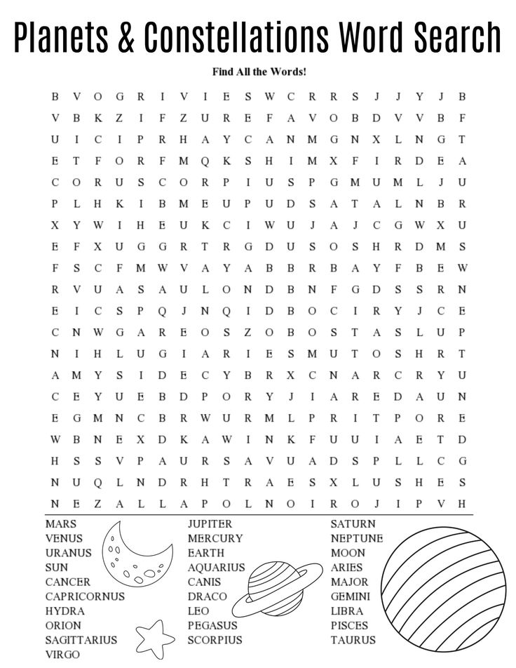 the planets and constellations word search is shown in this printable coloring page for kids