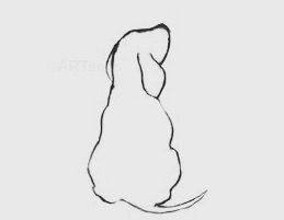 a black and white drawing of a dog looking up at the sky with its head down