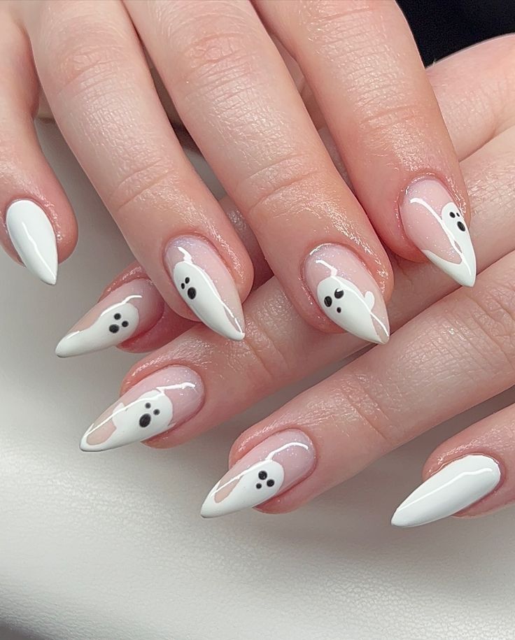 Cute Spirit ghost Halloween Nails 👻✨ #winterparknails #orlandonails #maitlandnails #orlandonailtech #ghostnails #halloween2024 #fallnails2024 #halloweennails #instanails #nailsofinstagram #fyp #fypchallenge #fypシ #fyppage Ghosts Nail Designs, Soft Gothic Nails, Ghost Fall Nails, Nail Ghost Design, Ghost Nails Diy, Little Ghost Nails, Cute Ghost Halloween Nails, Ghost Tip Nails, Orange Ghost Nails